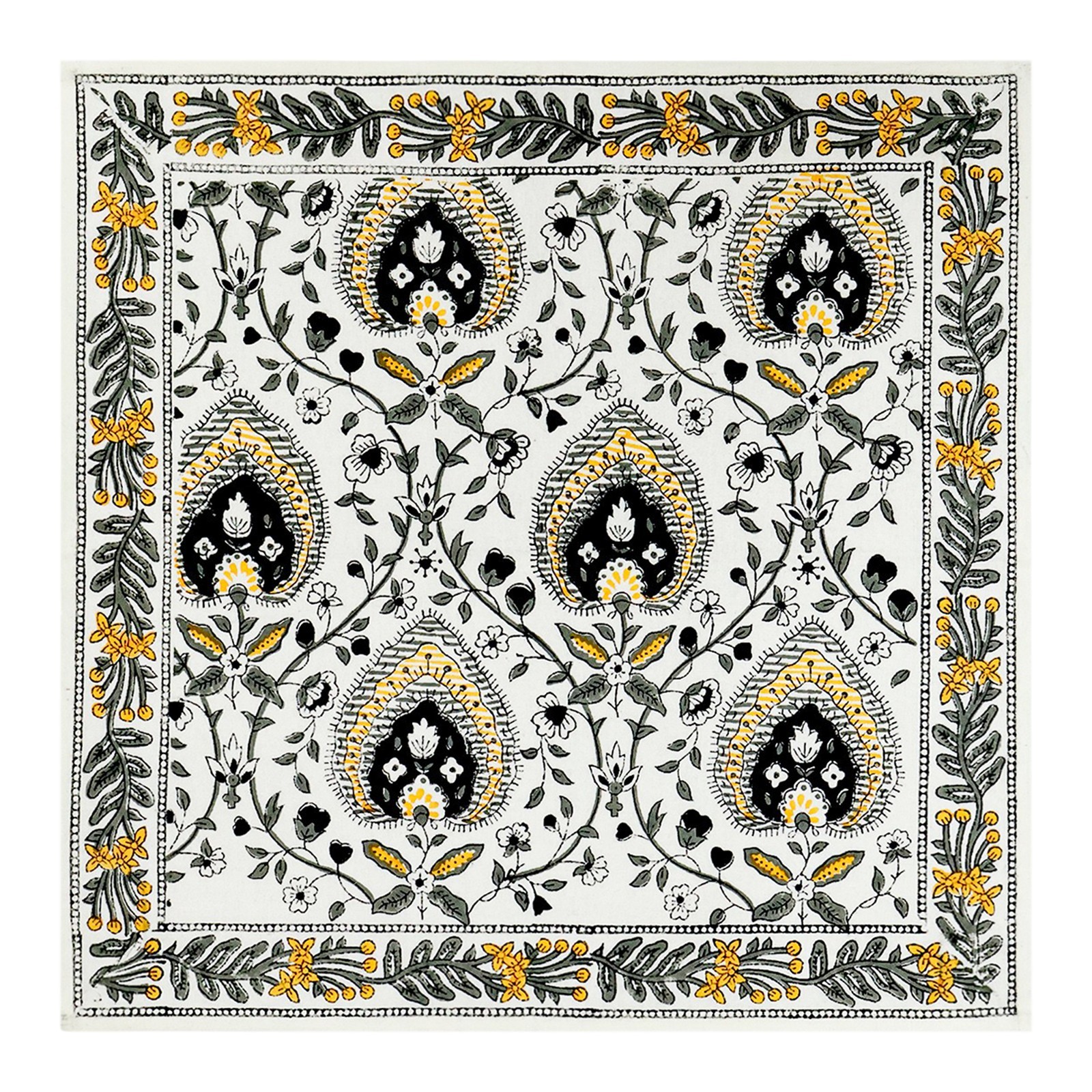 Yellow Black Indian Hand Block Printed Cotton Napkins