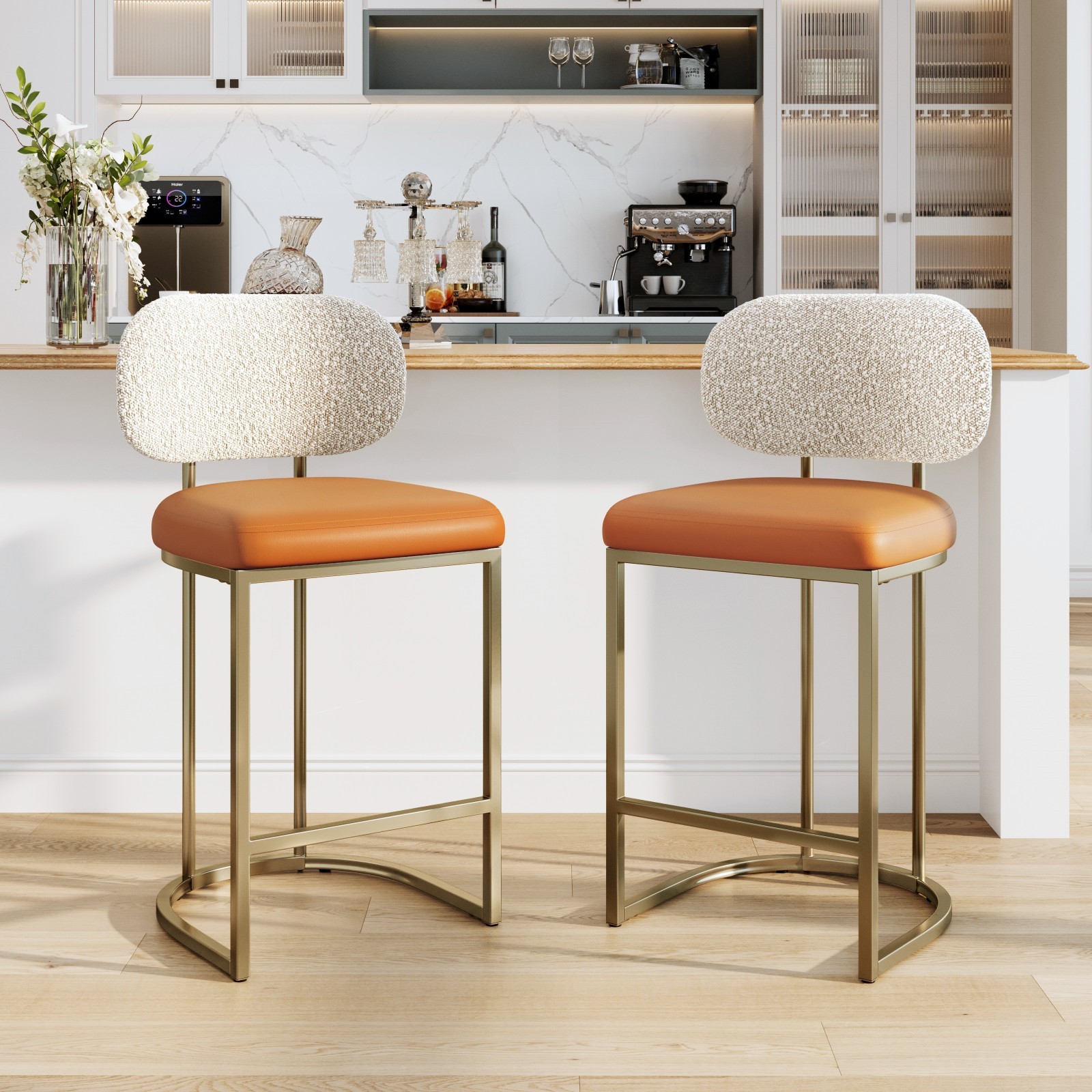 24'' Bar Stools Counter Height Barstools with Back Bar Chairs for Kitchen Brown