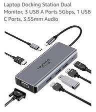 Laptop Docking Station Dual Monitor, 3 USB A Ports 5Gbps, 1 USB C Ports, 3.55mm