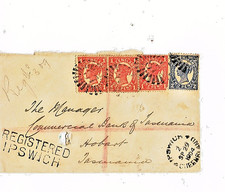1904 5d Registered cover Ipswich to Hobart. TPO on reverse. Numeral 87.