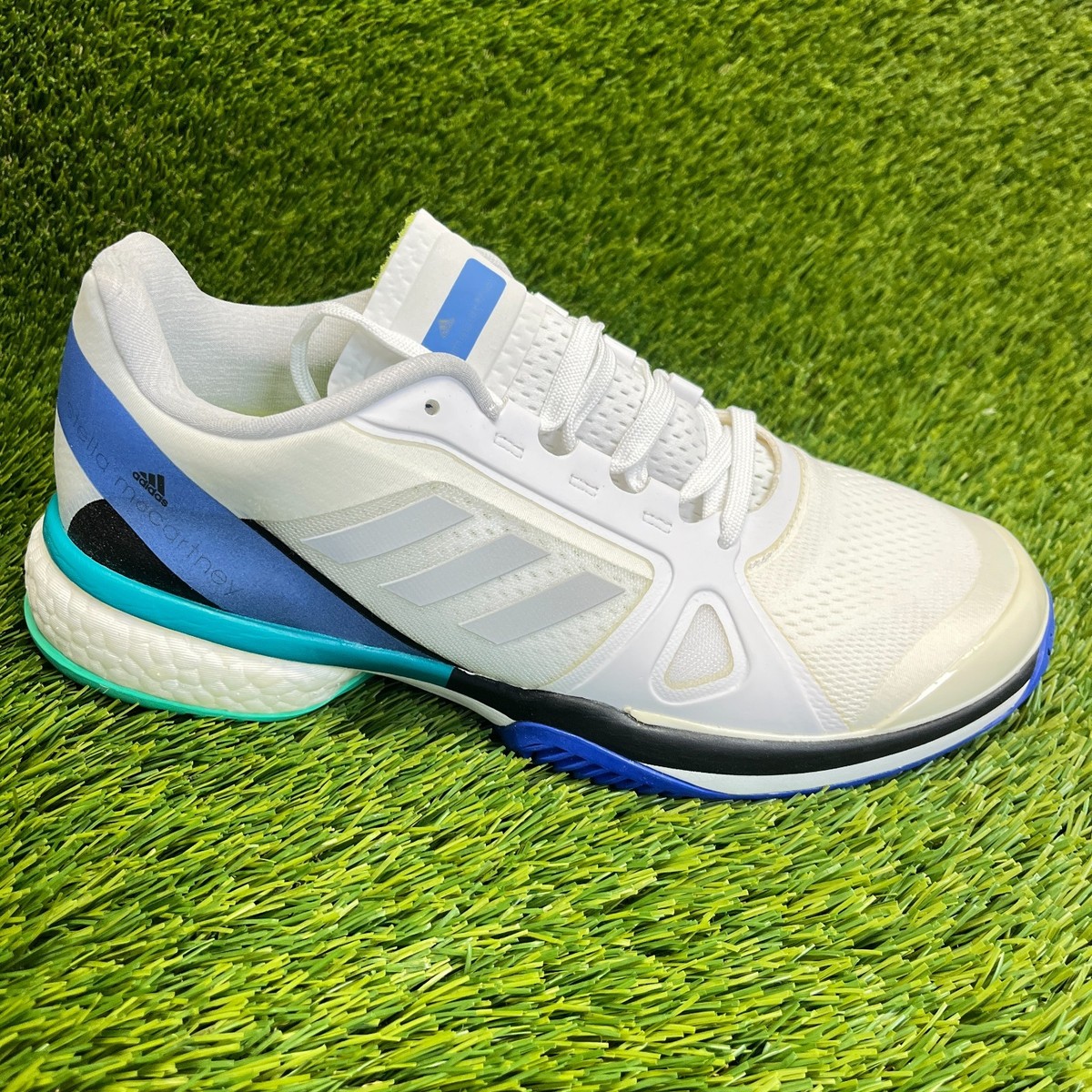 adidas gazelle silver green womens adidas Women's Stella McCartney Court Tennis Shoes (White/Silver Metallic/Wonder Blue) 10