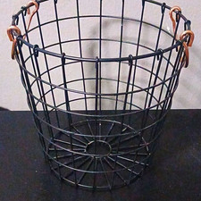 Round Black Metal Wire Storage Basket w/ Copper Handles Freestanding 10in