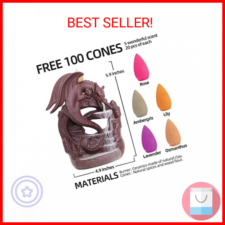 INONE Ceramic Dragon Incense Burner with 100 Cones, Waterfall Backflow