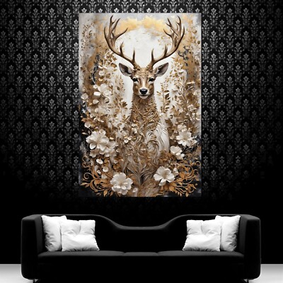 LEINWAND BILD ER XXL POP ART ABSTRAKT HIRSCH KOPF WEISS GOLD BLUMEN WAND POSTER