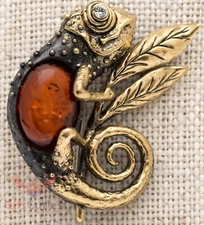 Brass Amber Brooch of Chameleon lizard IronWork