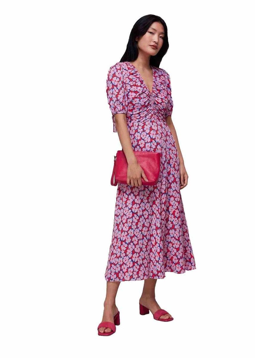 Whistles Farfalle Flower Midi Dress UK 12 Pink Ruched RRP 169 Midi