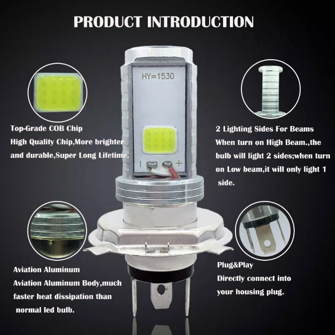 2 LED Headlight Bulb H4 High Low Beam 6500K Motocycle Cars Vtt Snowmobile - Image 4 of 4