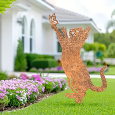 Core-Ten rostige Katze Kätzchen Schmetterling Garten Deko Figur 25 cm lang 15 cm tief