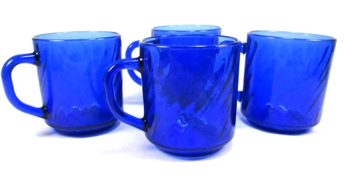 Arcoroc Coffee Mug Cup Swirl Cobalt Blue Glass  Made in France Set of 4