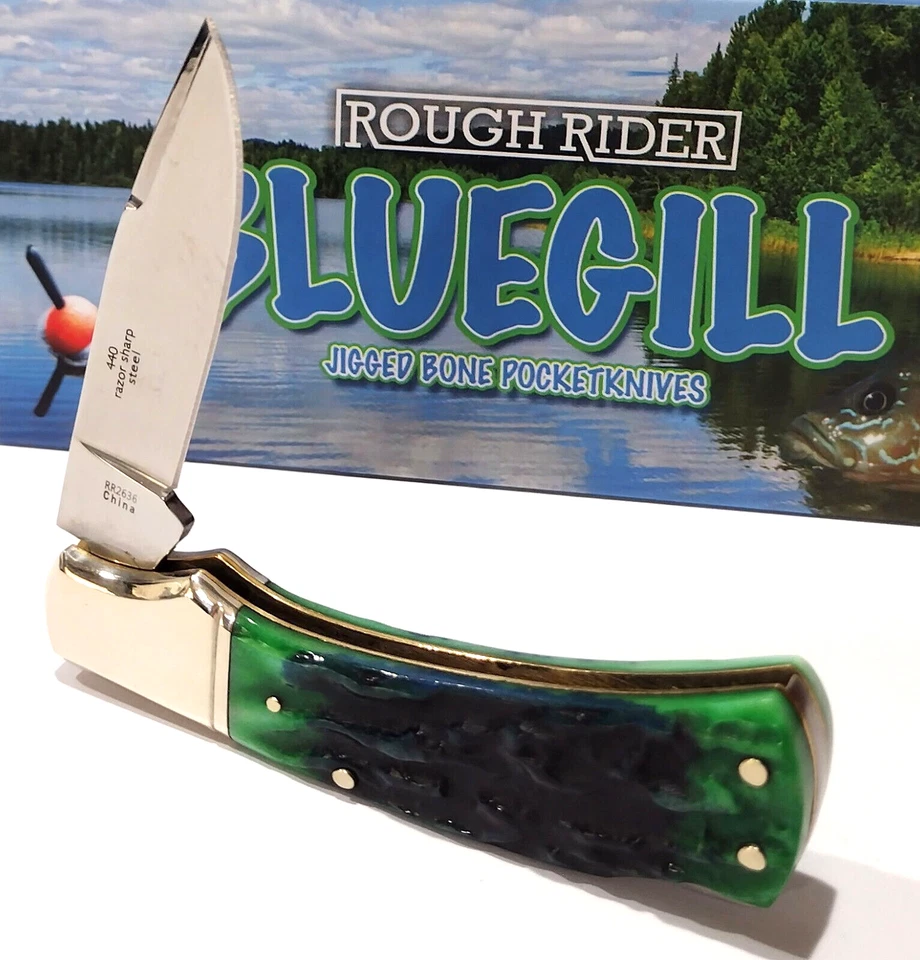 Faca de bolso dobrável Rough Rider Bluegill preta azul verde osso irregular bloqueio - Imagem 2 de 4