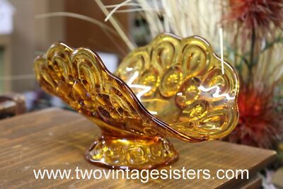L.E Smith Glass Amber Moon and Star Low Banana Stand Compote