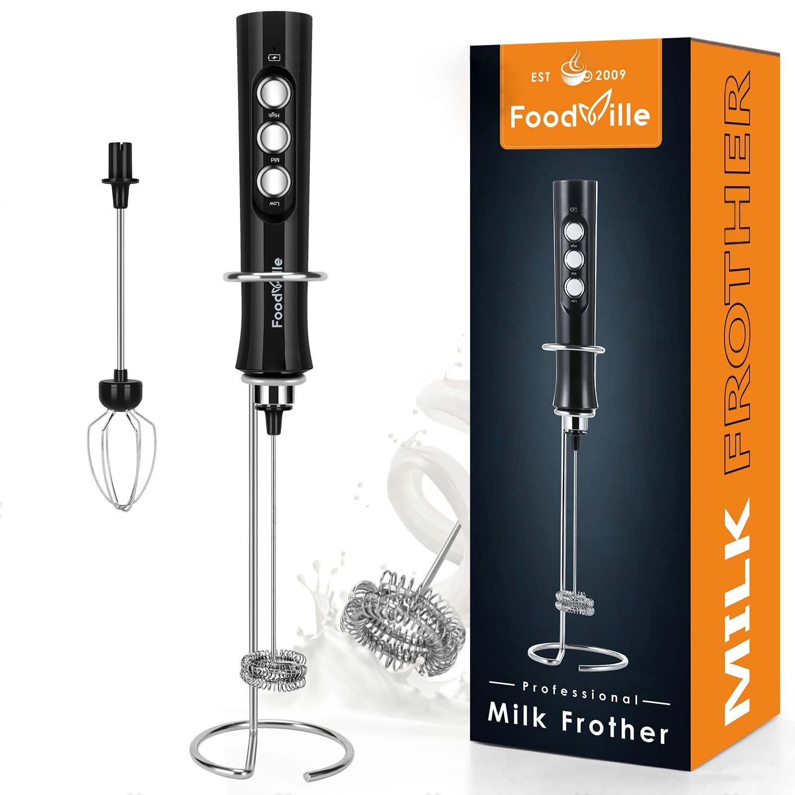 MF02 Rechargeable Milk Frother Handheld Foam Maker with Stainless Whisk for C...
