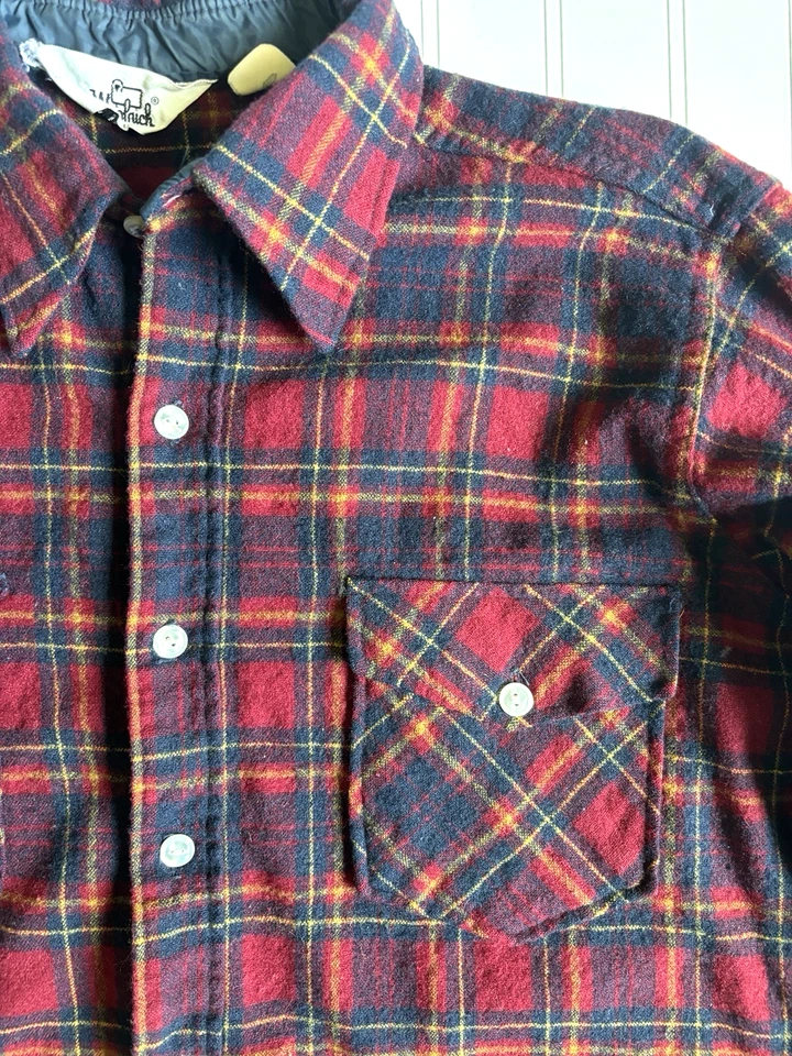 vintage 70s 80s mens burgundy navy blue plaid Woolrich wool flannel shirt XL - Image 2 of 4