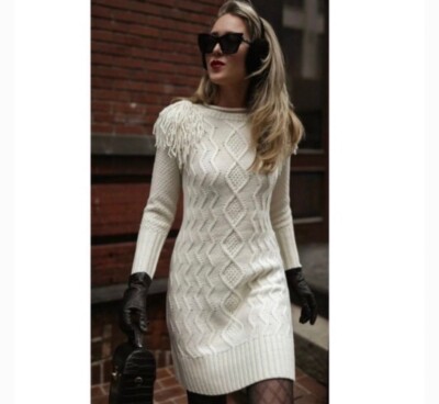 Eliza J, knit dress long sleeve shoulder pon pon
