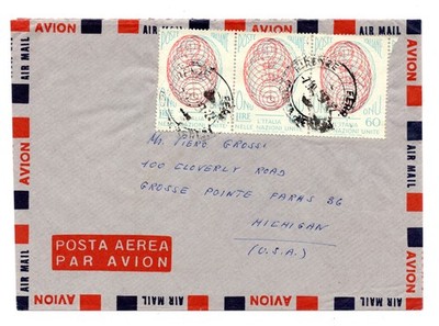 O.N.U. Lire 60 Strip of Three on Air Envelope for USA
