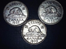 1937-1938-1939 Canadian 5 cent coins