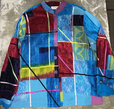 Studio Works Size M Velvet Abstract Multicolor Blue Button Coat Fun/Funky