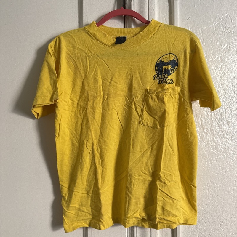 True Vintage 70's 80’s Lake Tahoe T Shirt Anvil Yellow Pocket Tee Worn Tag M USA