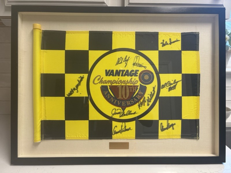 Arnold Palmer & Gary Player Signed 1998 Vantage Championship Flag Glass Framed