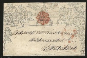 Great Britain, 1840, Scott #U1 Mulready Envelope Used, 3 Red Postal Markings