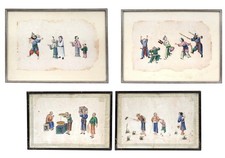 TWO PAIRS OF CHINESE CANTON SCHOOL RICE PAPER PAINTINGS