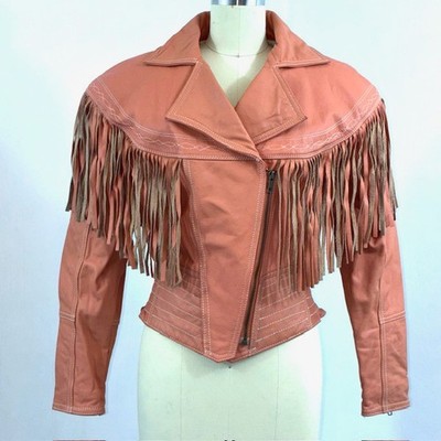vintage womens leather fringe jacket small warm tangerine color