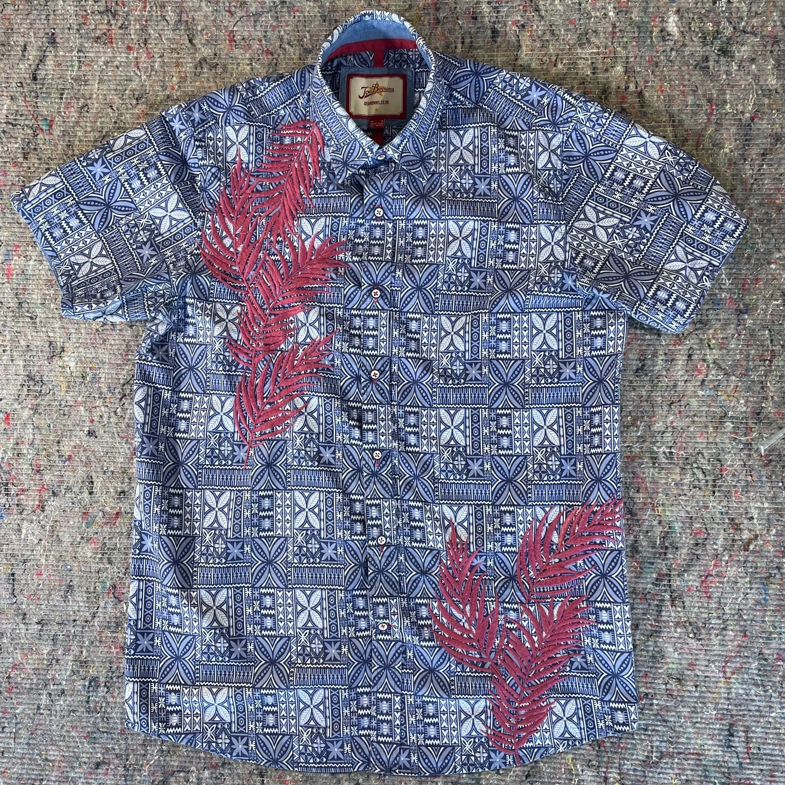 Joe Browns Shirt Mens Medium Blue Patterned Embroidered Short Sleeve Casual