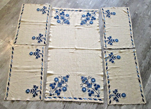 Table Runner (18"x17") +4 Napkins (17.5"x11") Blue CrossStitch Embroidery LINEN