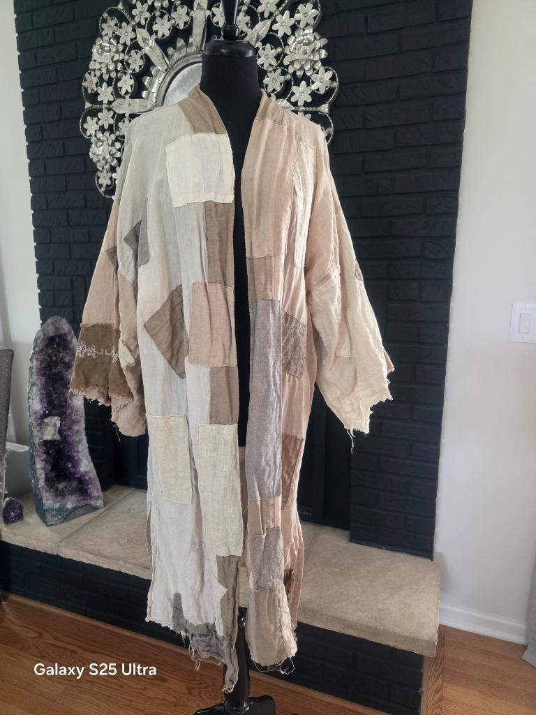 Rare Magnolia Pearl Love Line Linen Patchwork Kimono Duster