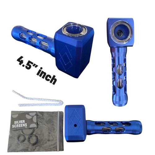 Thor’s Hammer Pipe 4.5”– Durable Metal Body w/ Glass Bowl Insert – Blue Pipe Kit
