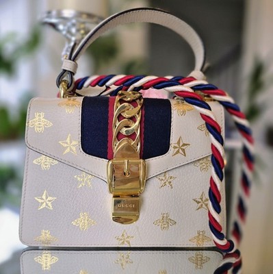 Gucci Bee Star Bag Gold Ivory White Sylvie Crossbody Shoulder Bag Top Handle