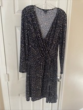 Chaps Womens Sz L Gorgeous Blue Black Design Faux Wrap Dress V Neck beautiful
