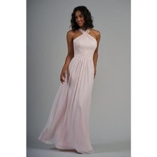 B2 BY JASMINE Dress 10 New Shell Pink Lace Chiffon Halter Criss-Cross Gown NWT