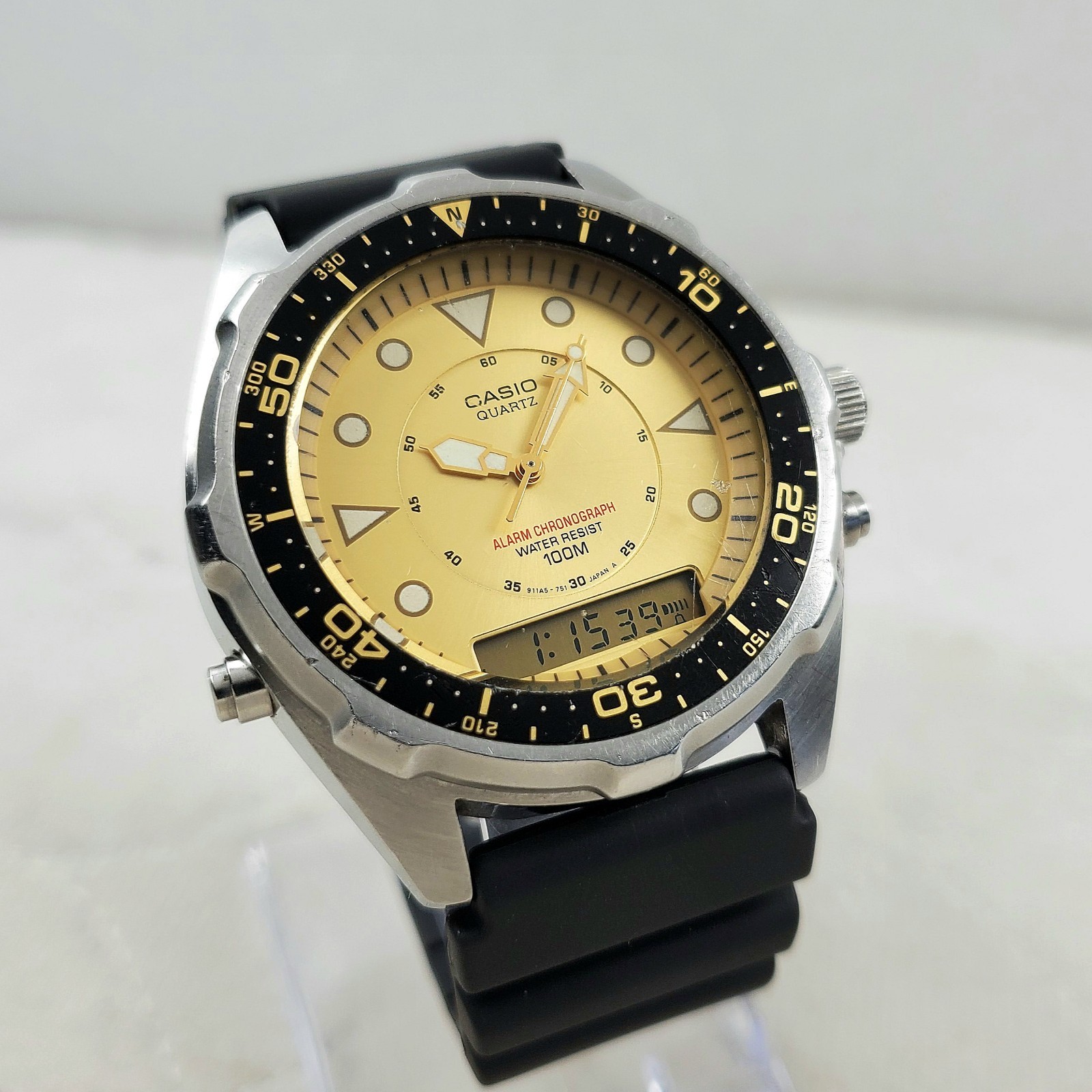 WATCH CHRONOGRAPH ANA-DIGI ALARM CASIO VINTAGE BEIGE/BLACK AMW-320C MEN'S - vintagewatches.pk