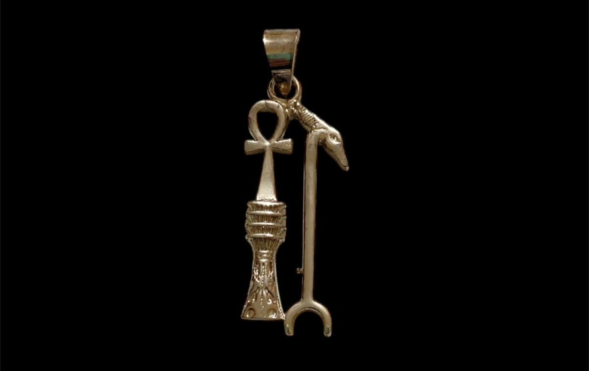 Rare Sceptre Staff with Djed and Ankh Key Pendant from 925 Sterling Silver