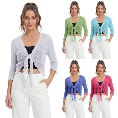 Womens Fish Net Knitted Tie Up Bolero Shrug Top Ladies 3/4 Sleeve One Size