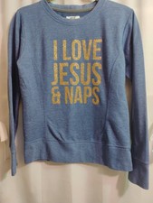 Anvil Women  s Blue Sweatshirt Size S  I Love Jesus  Naps  Graphic Crewneck...
