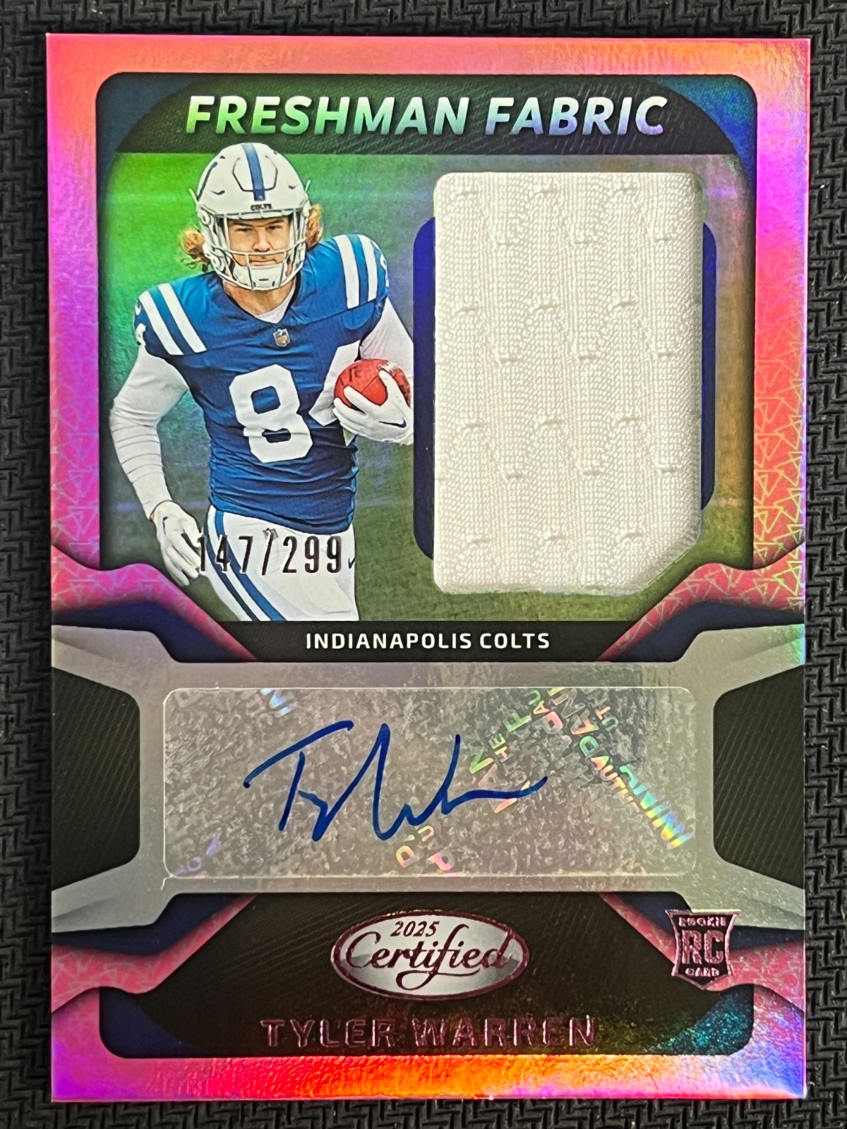 2025 Certified Freshman Fabric Pink Tyler Warren RC Rookie Jersey Auto RJA /299