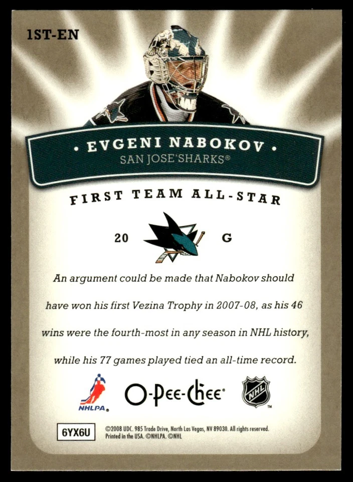2008-09 O-Pee-Chee First Team All-Stars Evgeni Nabokov San Jose Sharks #1ST-EN - Image 2 of 2