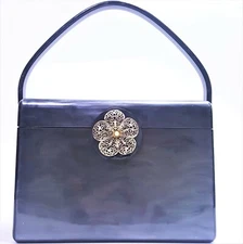 VINTAGE 1950'S WILARDY GRAY PEARL FLOWER FILLIGREE CURVED HANDLE LUCITE PURSE 