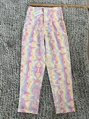 Shekou Womens Casual Pants Size Small Zip Up Yellow Pink Purple Trippy Print