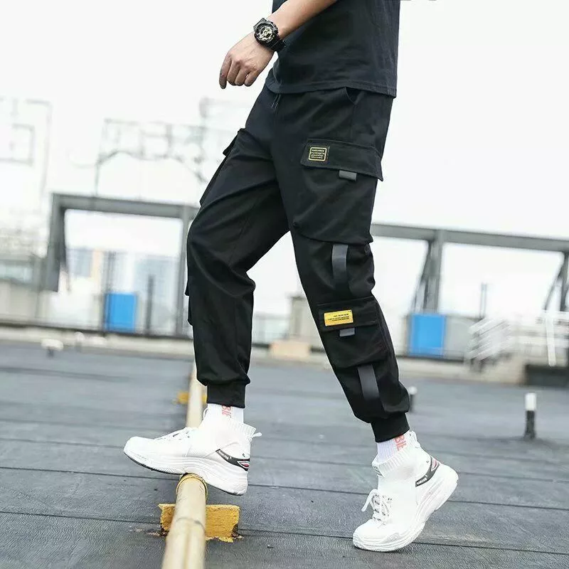 Men's Side Pockets Cargo Pants Ribbons Male Joggers Trousers Streetwear  Pants