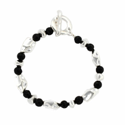 Black Lava Stone and Silver Alloy Beaded Bracelet Waxed Linen