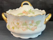 Vtg Porcelain Handled Covered Dish  Hand painted w/ Gold Trim Floral 8.5"L
