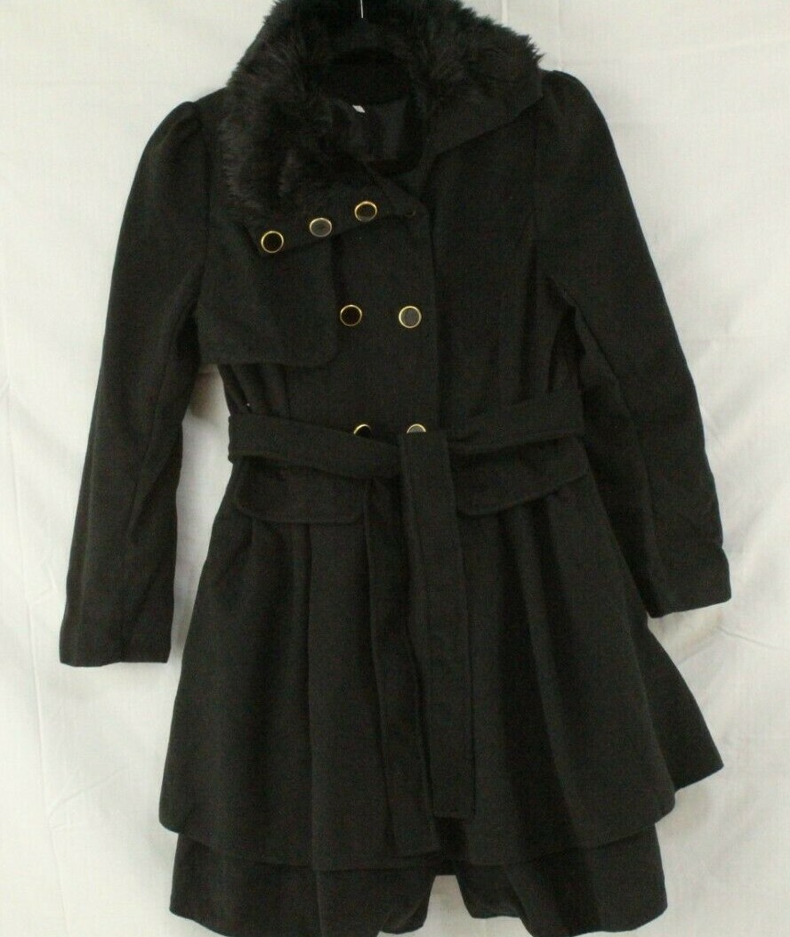 Women's Size 6 Belted Double Breasted Faux Fur Collar Coat Color