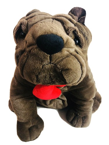Dan Dee Dark Brown Bull Dog Plush Shar Pei Red Heart Collar 13” Seated Valentine - Picture 7 of 10