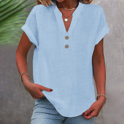 Women's Summer Casual Top   Short Sleeve V Neck Blouse with Buttons, Loose Fit
