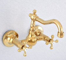 Polished Gold Wall Mounted Swivel Kitchen Sink Faucet Double Cross Handle Zsf617