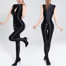 Womens Sleeveless Oil Shiny Glossy Bodysuit Jumpsuit Zipper Open Crotch Catsuit