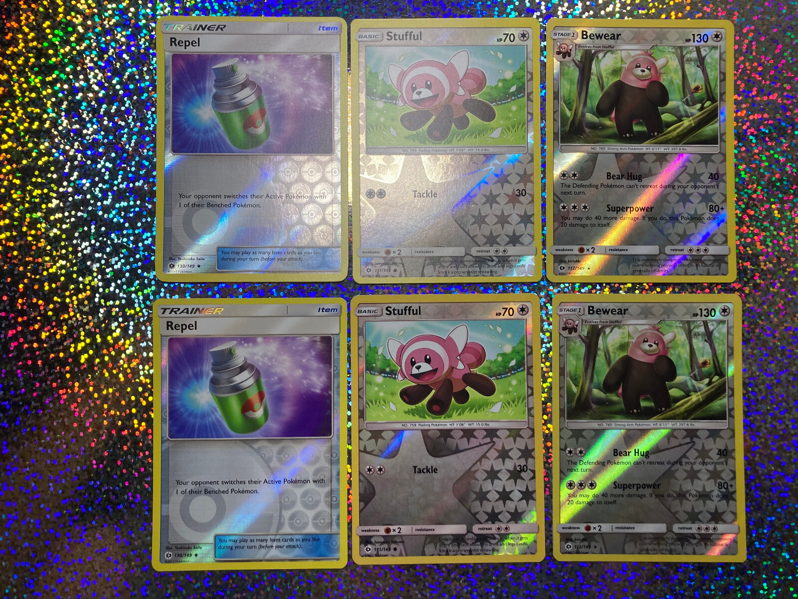 Pokemon TCG Sun & Moon Reverse Holo: 112/149 Bewear (x2); 111/149 Stufful (x2)